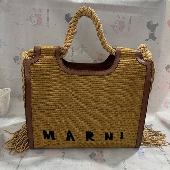 Marni Embroidered Logo Tassel Straw Tote Bag - Picture 1 of 5